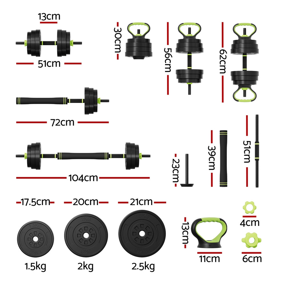 Everfit 25kg Adjustable Dumbbells Set Kettle Bell & Barbell Gym Set